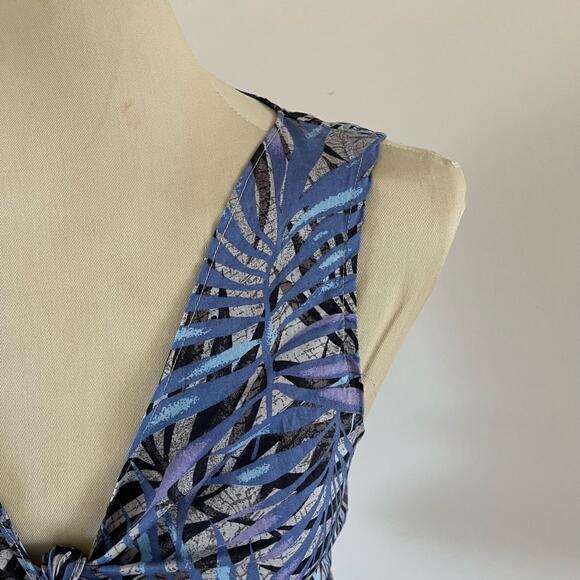 Aloha Hut Hawaii Blue Palm Print Tie Front Bow Blouse Women's Size L - Picture 3 of 9